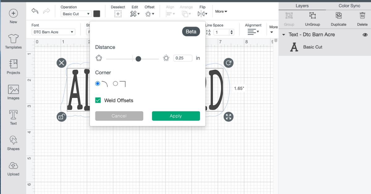 Offset in Cricut Design Space menu 