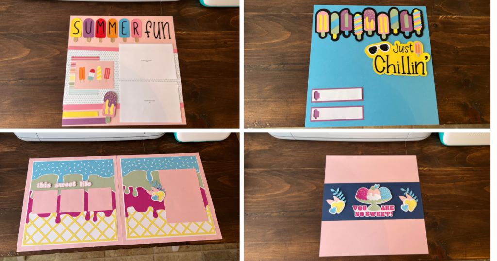 4 different Cricut Ice Cream Scrapbook Layouts